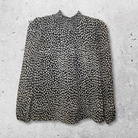 J.Crew Smocked Neck Top Oncilla Cat Print Elastic Cuffs Black & White Women's XS - Picture 3 of 11